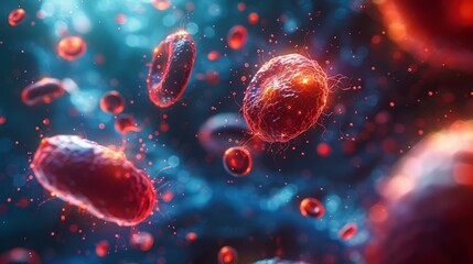 Naklejka premium An intricate view of vibrant microorganisms swimming in an abstract background, showcasing the beauty of microscopic life and its colorful environment.