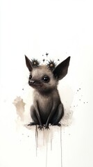 Cute bat illustration with large expressive eyes, adorned with floral crown, sitting against a soft watercolor background, showcasing whimsical charm and playful character