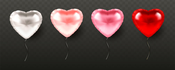 Set of shiny heart-shaped balloons in white, pink, and red colors, realistic style on transparent dark background. Concept of love and celebration. Vector illustration