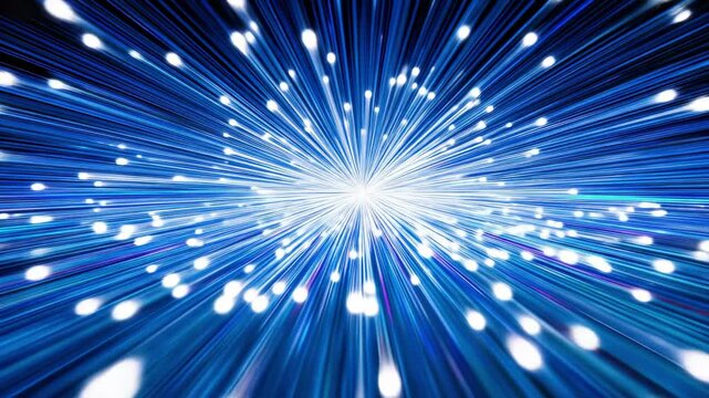 Dynamic blue light speed burst with radial motion streaks and bright particles. Abstract futuristic background features explosive energy rays and glowing cosmic effects with hyperspace tunnel design.