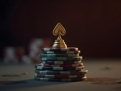 Stack of poker chips topped with gold pawn, dealer in high stakes gambling setting For Social Media Post Size