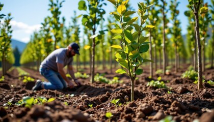reforestation efforts to bat climate change and promote environmental sustainability subject: trees being planted in a reforestation area, copy space at bottom, not people.