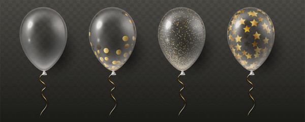 Transparent balloons set featuring gold stars, dots, and glitter patterns on dark transparent background. Celebration or party concept. Vector illustration