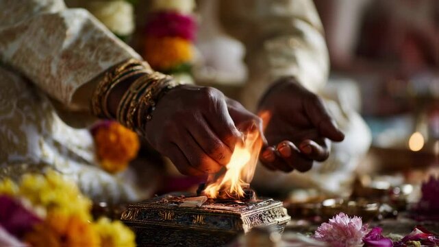 Closeup of a Hindu priest performing a puja religious offering as part of a traditional wedding ceremony, the intricately designed rituals symbolizing the union of two souls.