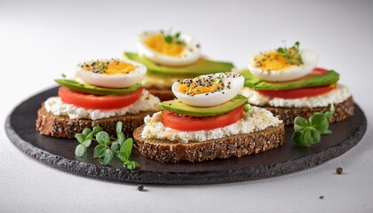 vegetarian egg sandwiches on white background healthy vegetarian sandwiches with egg tomatoes avocado cream and cheese garnished with chia seeds and aromatic herbs vegetarian sandwich