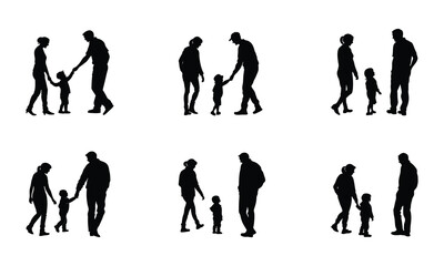 Obraz premium Vector silhouette set of parents interacting with their child in various poses on a white background, a collection of black silhouette.