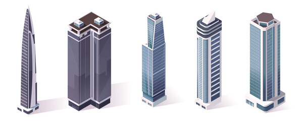 Set of five modern skyscraper buildings in isometric graphic style on white background. Concept of urban development. Vector illustration