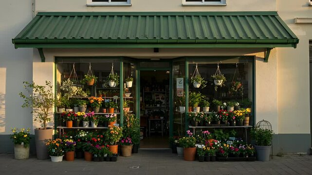 Flower shop storefront with plants and hanging baskets
