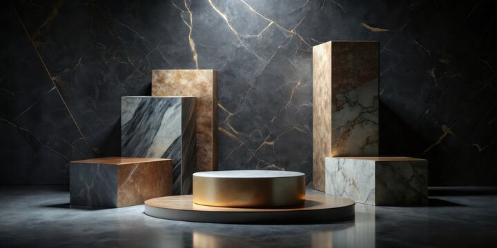Geometric marble pedestal with abstract shapes on a dark stone pedestal against a black stone background for showcasing products, abstract, geometric