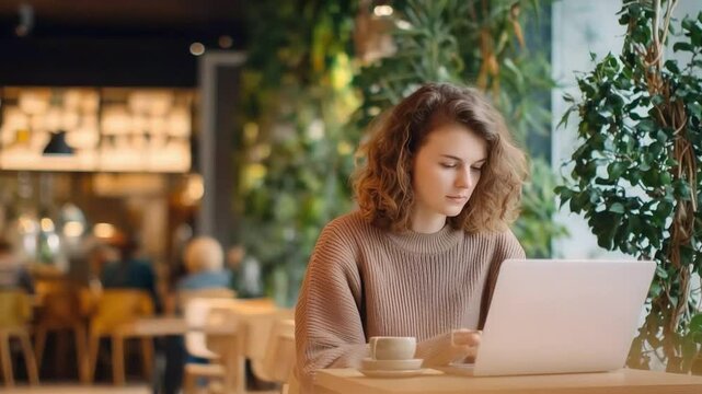 full shot, modern cafe, woman sitting, working on laptop, background softly blurred, no foreground objects, clean table, wide composition with negative space on the right, warm natural lig