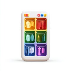 Colorful smartphone display showcasing a virtual closet interface with various clothing items neatly organized and categorized