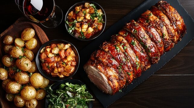 An exquisite gourmet dish featuring roasted meat, potatoes, and vibrant sides combines gastronomic artistry, showcasing flavor and presentation for food lovers.