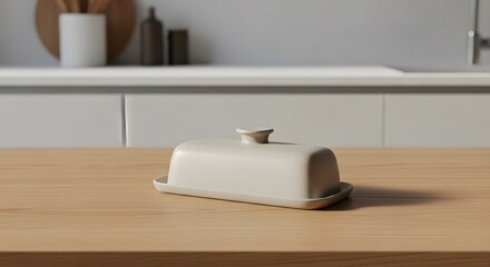 Modern beige ceramic butter dish on light wood table