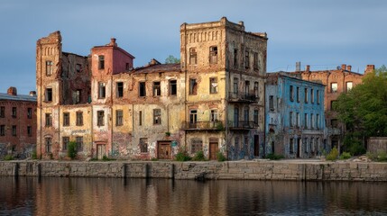 Obraz premium Ruined Buildings by the River: A Glimpse into History's Embrace