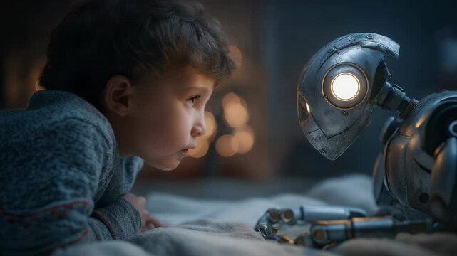 Little boy observes an engaging robot while they share a curious moment in a cozy setting