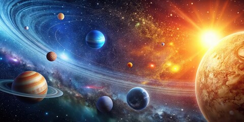 A serene astronomical scene with a bright sunny disk at the center of a vibrant solar system, planets, cosmic,  planets