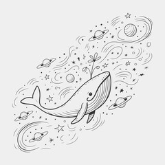 A whale is swimming in space with planets and stars surrounding