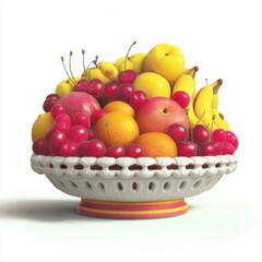 Beautifully Arranged Fruit Bowl with Vibrant Apples, Lemons, Bananas, Cherries, and Oranges on a Stylish White Base