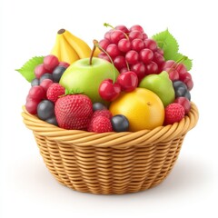 Colorful fruit basket filled with fresh strawberries, cherries, grapes, bananas, apples, and vibrant citrus fruits on a white background