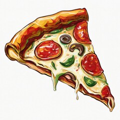 Delicious slice of pizza with pepperoni, cheese, olives, and green peppers presented on a textured background for food lovers