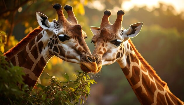 Giraffes eating leaves with sunset. - Powered by Adobe