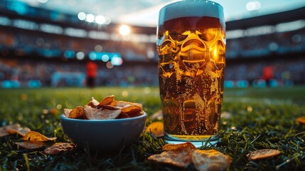 A refreshing glass of beer alongside chips is placed on the grassy field of a stadium, capturing the essence of enjoyment during a thrilling sports event with friends and excitement.