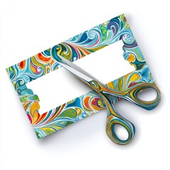 Colorful Scissors Cutting Through Artistic Paper with Swirls and Vibrant Patterns