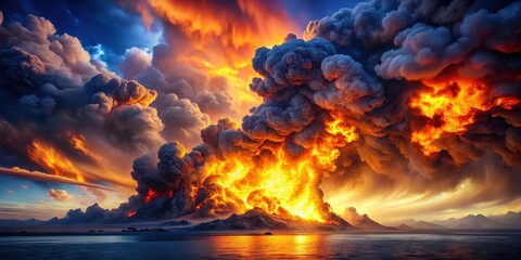 A large fire engulfs the sky with flames dancing in orange and yellow hues amidst dark blue clouds, volcanic eruption, burning apocalypse