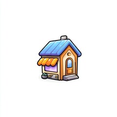 Charming and Colorful Cartoon House with Blue Roof and Orange Awning in a Minimalist Style for Creative Projects