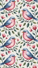 A charming pattern featuring pink and blue birds perched on flowering branches.