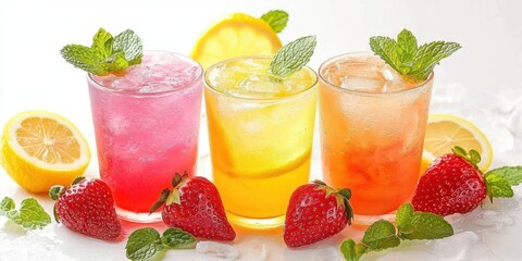 colorful lemonade- pink and yellow drinks with mint leaves and strawberries on a white background