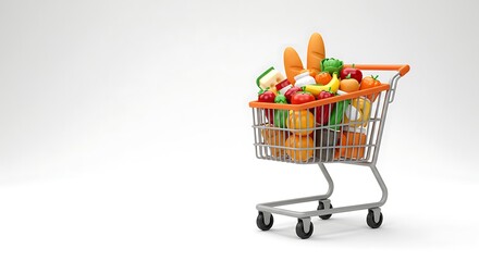 Full Shopping Cart of Fresh Produce and Bread on White Background