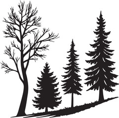 Black Silhouette of Leafless Tree and Three Coniferous Trees on White Background