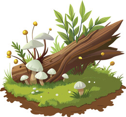  Fallen tree branch, forest floor, small white mushrooms, moss, grass blades, woodland decay
