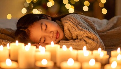 Girl sleeping amidst candlelight.