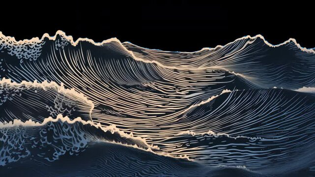 Intricate ocean wave art animated overlay, transparent 4K video, alpha channel, ProRes 4444