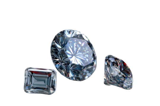 Three diamonds gleaming: Three pristine diamonds of varying shapes and sizes sparkle against background, radiating elegance and luxury.