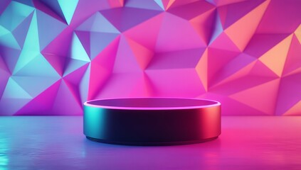 Abstract background with low-poly geometric shapes in pink, blue, and purple colors. Shiny 3D rendering of a polygonal surface with a lighting effect. Minimal wallpaper design.