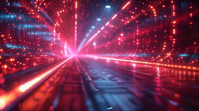 An abstract representation of a tunnel with vivid red and blue lights, symbolizing technology and motion, drawing viewers into a dynamic and futuristic visual experience.