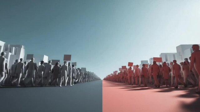 a photo realistic representation of a polarized society with  opposing sides walking towards each other in a rally, daylight