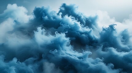 Surreal abstract ocean of blue fog and mist. Dreamlike fantasy landscape with ethereal clouds. Atmospheric depth and mysterious moody lighting.