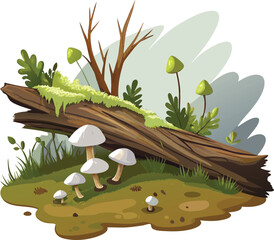 Fallen tree branch, forest floor, small white mushrooms, moss, grass blades, woodland decay