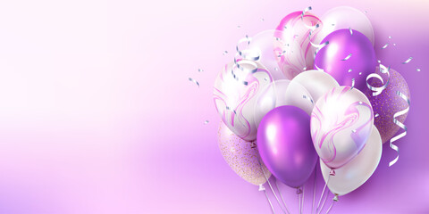 Glossy pink, white, and glitter balloons with ribbons and confetti on a soft gradient background. Celebration and party concept. Vector illustration
