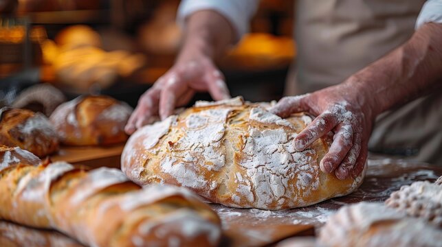 A skilled artisan baker works patiently to shape a rustic bread loaf, surrounded by a variety of other delicious baked goods, showcasing the beauty of homemade baking.