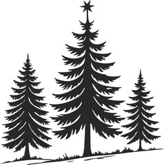 Obraz premium Three Black Silhouette Pine Trees Christmas Star Winter Forest Graphic Design vector