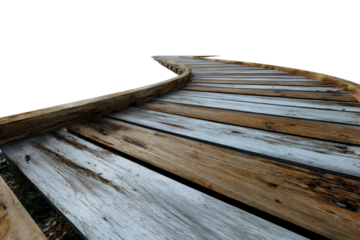 Wooden Walkway: A weathered wooden walkway curves gently upwards, inviting exploration and promising a journey. Capturing a sense of rustic charm and natural beauty.