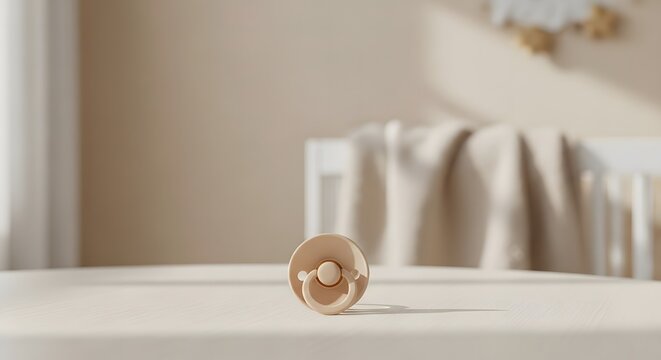 Beige baby pacifier on white table in nursery