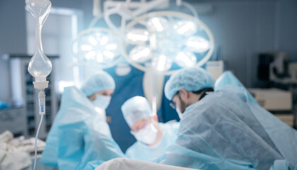 Surgeons performing operation in hospital operating room with surgical lights and equipment