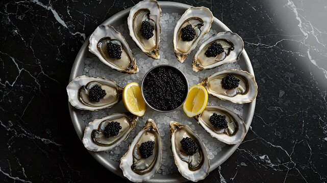 Elevated View of Oysters Topped with Caviar on Ice with Lemon Wedges on a Gray Plate set Against a Black Marble Background Overhead Shot