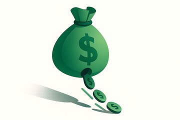 Green Money Bag with Dollar Signs and Coins Falling Out
